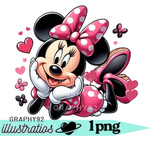 Puede incluir: Ilustraci&oacute;n de dibujos animados de un personaje de rat&oacute;n con un vestido y un lazo de lunares rosas. El personaje sonr&iacute;e y est&aacute; rodeado de corazones y flores. La imagen incluye el texto "GRAPHY92 illustratios 1png".