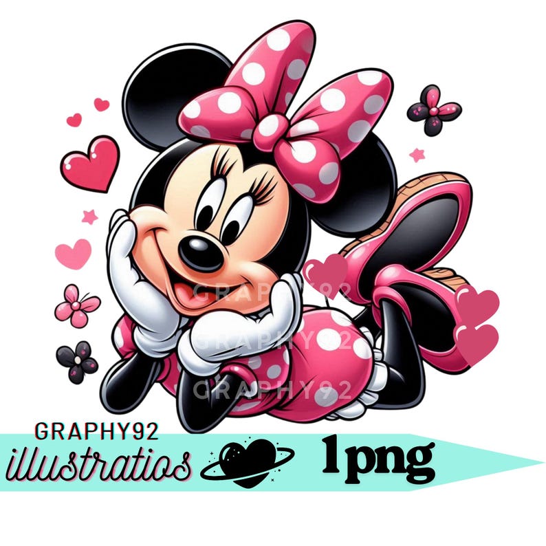 Puede incluir: Ilustraci&oacute;n de dibujos animados de un personaje de rat&oacute;n con un vestido y un lazo de lunares rosas. El personaje sonr&iacute;e y est&aacute; rodeado de corazones y flores. La imagen incluye el texto "GRAPHY92 illustratios 1png".