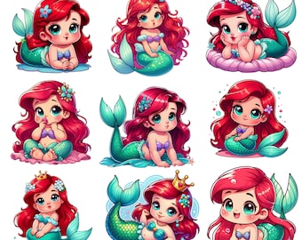 Baby princess ariel png bundle, the little mermaid png clipart set, baby ariel, baby shower, princess birthday, instant download