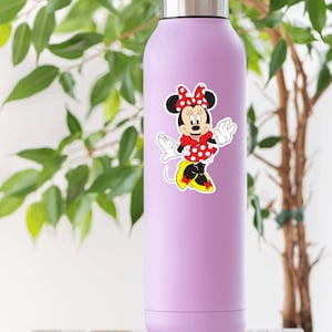 Pu&ograve; includere: Una bottiglia d'acqua in acciaio inossidabile viola con un adesivo di Minnie Mouse. L'adesivo raffigura Minnie Mouse nel suo caratteristico vestito rosso a pois e scarpe gialle.