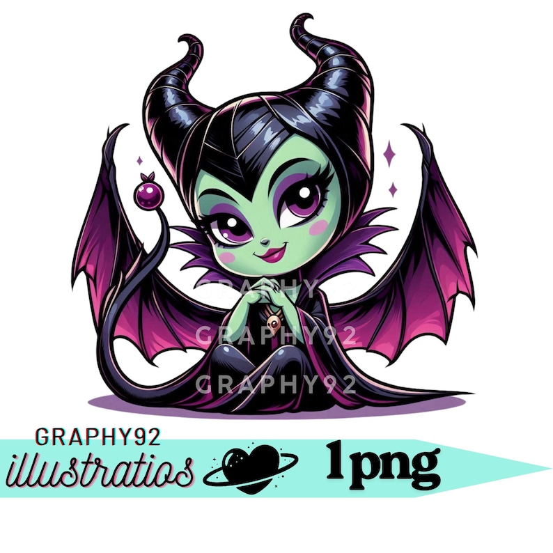 Puede incluir: Ilustraci&oacute;n de dibujos animados de un personaje con piel verde, cuernos negros y alas moradas. El personaje lleva un vestido negro y tiene una peque&ntilde;a sonrisa. La imagen incluye el texto "GRAPHY92" e "illustratios 1png".