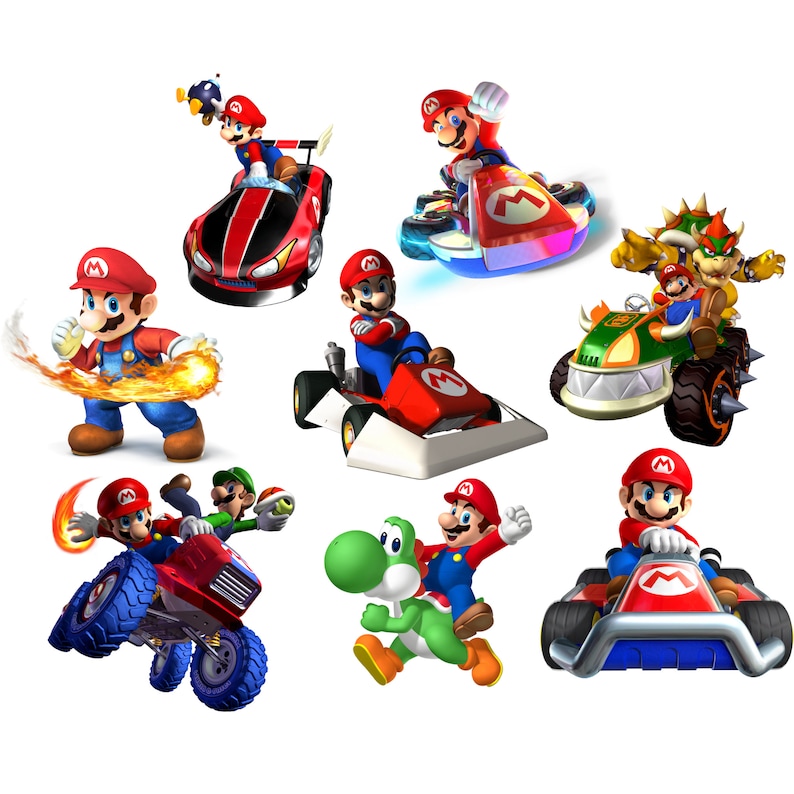 May include: A collection of colorful Mario Kart characters and karts. Mario, Luigi, Yoshi, and Bowser are featured in various racing poses. The karts are red, black, green, and blue, with the iconic "M" logo.