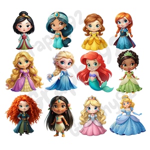 Schattige prinses png-bundel, pakket alle prinsessen, prinses clipart, tiana, elsa, rapunzel, ariel, jasmijn, Assepoester, instant download