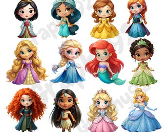 Cute Princess png bundle, all princesses package, Princess clipart, tiana, elsa, rapunzel, ariel, jasmine, cinderella, instant download