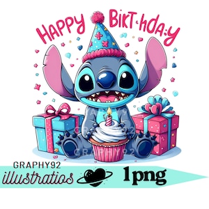 Stitch birthday design, stitch png clipart, stitch birthday png, lilo and stitch character, instant download