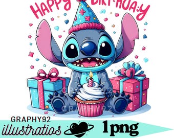 Diseño de cumpleaños de Stitch, clipart de Stitch, clipart de cumpleaños de Stitch, personaje de Lilo y Stitch, descarga instantánea