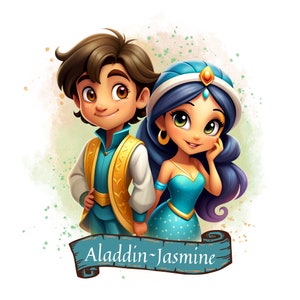 Aladdin and Princess jasmine png clipart, cute aladdin png, cute jasmine png, Princess jasmine, instant download