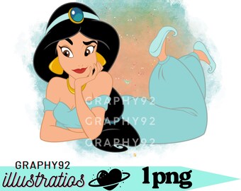 May include: Illustration of a cartoon woman with black hair, wearing a blue outfit and gold jewelry. She is reclining on her side, resting her chin on her hand. The background is a watercolor wash with text that reads "GRAPHY92 illustrations 1png."