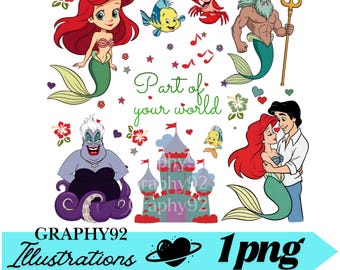 The little mermaid shirt design, princess ariel png clipart, flounder, sebastian, ursula, king trion, prince eric, instant download