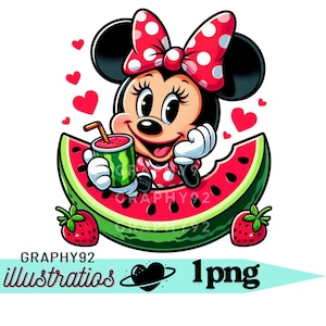 May include: A cartoon illustration of a mouse with a red polka dot bow, holding a watermelon drink, and sitting in a watermelon slice. Red hearts and strawberries are also in the image. The text "GRAPHY92 illustratious 1png" is at the bottom.