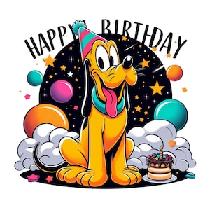 May include: A cartoon dog wearing a party hat sits in front of a birthday cake with a single lit candle. The dog is yellow with brown ears and a long tongue sticking out. The background is a black circle with white stars and colourful planets.