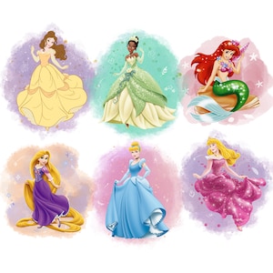 Princesses watercolour background, Princess png bundle, Princess clipart set, tiana, rapunzel, Cinderella, belle design, instant download