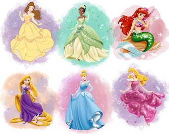 Princesses watercolour background, Princess png bundle, Princess clipart set, tiana, rapunzel, Cinderella, belle design, instant download