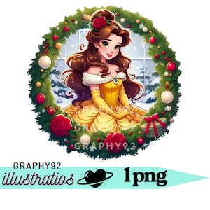 Disegno natalizio della principessa Belle, clipart png della principessa Belle, png della bella e la bestia, download immediato
