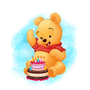 Winnie the pooh birthday png clipart, the pooh birthday design, baby shower, watercolor background,  instant download