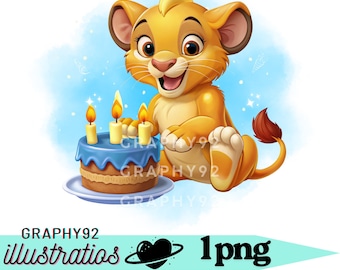 Puede incluir: Ilustración de dibujos animados de un cachorro de león sonriente sosteniendo un pastel de cumpleaños con tres velas encendidas. El pastel tiene glaseado azul y está sobre un plato blanco. El fondo es azul claro con brillos blancos. Texto "GRAPHY92 illustratios 1png".