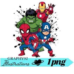 Może przedstawiać: Ilustracja kreskówkowa z czterema superbohaterami: Iron Manem, Hulkiem, Spider-Manem i Kapitanem Ameryką. Postacie przedstawione są w dynamicznych pozach na tle czarnych rozprysków farby. Zawiera tekst "GRAPHY92 Illustrations 1png".