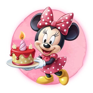 Imágenes prediseñadas de Minnie Mouse, lindo cumpleaños de Minnie Mouse, fondo rosa, descarga instantánea