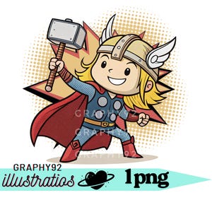Puede incluir: Ilustración de dibujos animados de un personaje de superhéroe, sosteniendo un martillo. El personaje lleva un casco con alas, una capa roja y un traje azul y gris. El fondo presenta un diseño de estrella. Texto: "GRAPHY92 illustratious 1png."