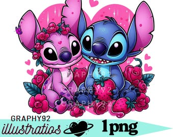 Stitch and angel valentine's day, stitch and angel png clipart, lilo and stitch characters, stitch love, instant download