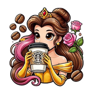 Design del caffè della principessa Belle, clipart della principessa Belle, png della bella e la bestia, download immediato