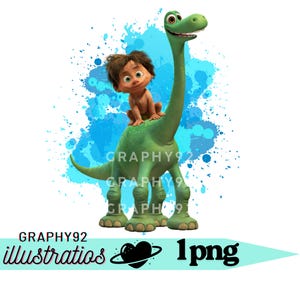 May include: A digital illustration of a green dinosaur with a long neck, carrying a small boy on its back. The background features blue paint splatters. The image includes the text "GRAPHY92 illustratios 1png".