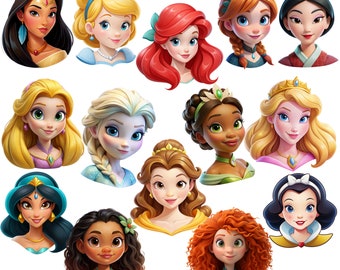 Lot de princesses png, toutes les princesses png clipart, paquet de tête de princesse, raiponce, elsa, ariel, blanche comme neige, belle, tiana, téléchargement immédiat