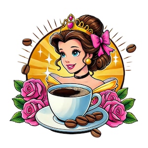 Design del caffè della principessa Belle, clipart della principessa Belle, png della bella e la bestia, download immediato