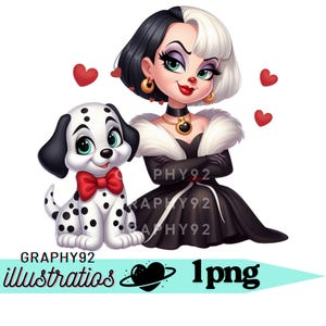 Cruella de Vil e um cão dálmata em PNG, imagem de vilão em PNG, personagem de 101 Dálmatas, download instantâneo