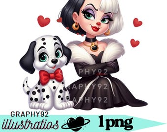 cruella de vil and dalmatian dog png clipart, villain png, 101 dalmatians character,  instant download