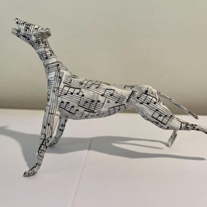 Handmade Dog Sculpture, Paper Mache, Stretching Dog figurine covered in note sheet