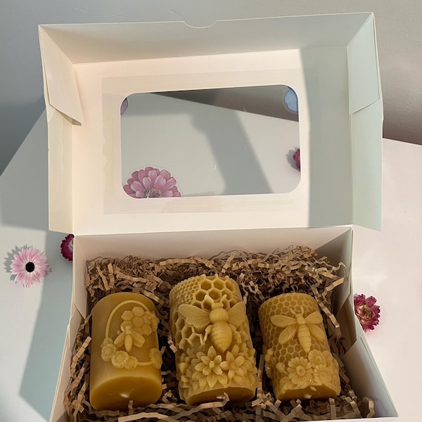 Three bee themed candle bundle gift box, handpoured beeswax candles,Mother’s Day, Birthday, Anniversary