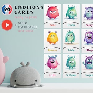 Tarjetas didácticas de emociones francesas Descargar PDF, Tarjetas de monstruos de acuarela, Herramienta de aprendizaje de sentimientos para el aula de niños, Terapia de emociones