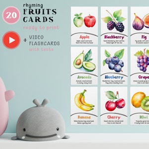 Fruits Flashcards with Rhymes Download PDF, Learning Berries Cards for Kids, Montessori Educational Resources, Printable Flash Cards