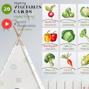 Cartes mémoire de légumes pour enfants, cartes d'apprentissage imprimables avec comptines, PDF éducatifs sur les aliments, cartes mémoire de légumes préscolaires