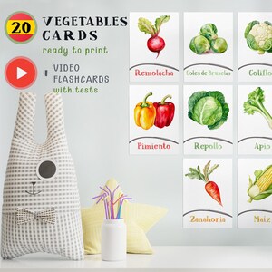Schede didattiche sulle verdure per bambini - Schede Montessori stampabili, PDF di apprendimento divertente per bambini piccoli e in età prescolare, Verdure in spagnolo per bambini