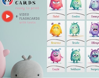 Flashcards imprimables en français sur les émotions, cartes de monstres aquarelles, outil d'apprentissage des sentiments pour la classe d'enfants, thérapie par les émotions en téléchargement numérique