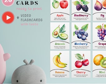 Printable Watercolor Lovely Fruits Flashcards, Learning Cards for Kids with Rhymes, Educational Preschool Tool High-Quality Digital Download