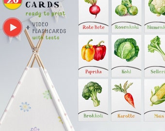 Printable Vegetable Flashcards PDF Kids, Lovely Watercolor Vegetables Learning Cards German, Educational Homeschool Tool, Digital Download