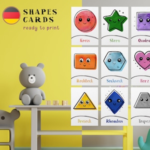 Shapes Watercolor Printable Flashcards, Geometry Cute Learning Tool for Preschoolers, German Kids Educational Cards, Home Digital Download