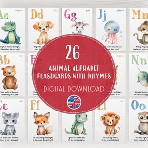 Alphabet Bildkarten mit Reimen Download PDF, niedliches Tier ABCs A4, Aquarell Lernkarten für Kinder, Vorschul-Lernhilfe