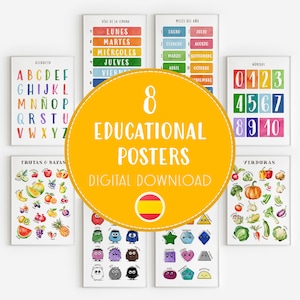 8 Spanish Educational Posters for Kids | Printable Homeschool Classroom Decor | Montessori PDF Download Set |  Poster Set A2 A3 A4 sizes