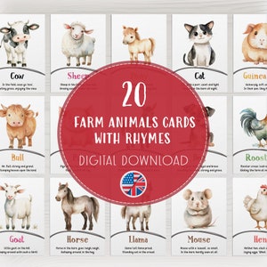 Flashcards de animais da fazenda para crianças em PDF, cartões de animais fofos para aprendizado, ferramentas educacionais para pré-escola e jardim de infância, rimas infantis de fazenda