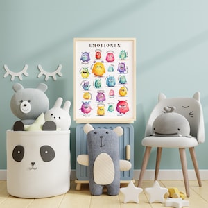 May include: A colorful educational poster with the word "Emotionen" at the top. The poster features 20 cartoon monsters, each representing a different emotion. The monsters are drawn in a watercolor style and have different colors and expressions.