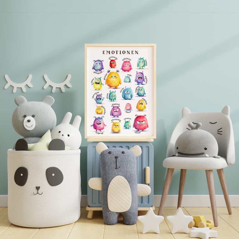 May include: A colorful educational poster with the word "Emotionen" at the top. The poster features 20 cartoon monsters, each representing a different emotion. The monsters are drawn in a watercolor style and have different colors and expressions.