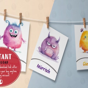 Druckbare Emotionen Karte für Kinder, Download von Monster Gefühlen Karten, Emotionstherapie, Entwicklung von emotionaler Fähigkeiten Bild 8