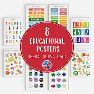 8 Lernposter für Kinder | Printable Homeschool Dekor | Montessori Lernen im Klassenzimmer | Spielzimmer PDF Poster Set A4, A3, A2 Größe