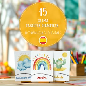 Flashcards météo pour enfants, cartes d'apprentissage météo imprimables, PDF éducatif préscolaire, cartes-éclair de vocabulaire météo en classe en espagnol