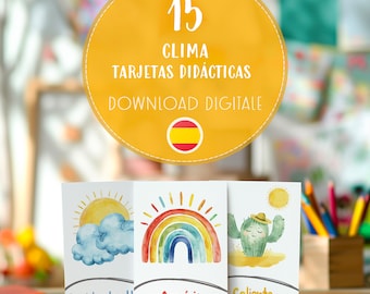 Weather Printable Flashcards for Kids, Cute Watercolor Learning Climate Cards Educational Preschool Tool Lovely PDF Digital Download Spanish