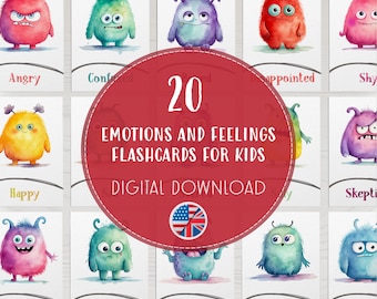 Printable Emotion Flashcards, Watercolor Cute Monsters Cards, Feelings Learning Tool for Kids, Classroom Emotions Therapy, Digital Download